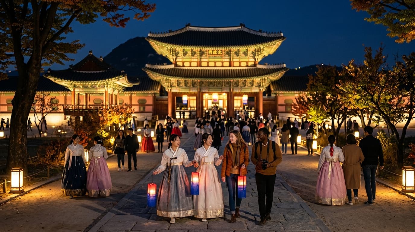 야간 조명이 비추는 경복궁에서 외국인 관광객들이 산책하는 모습