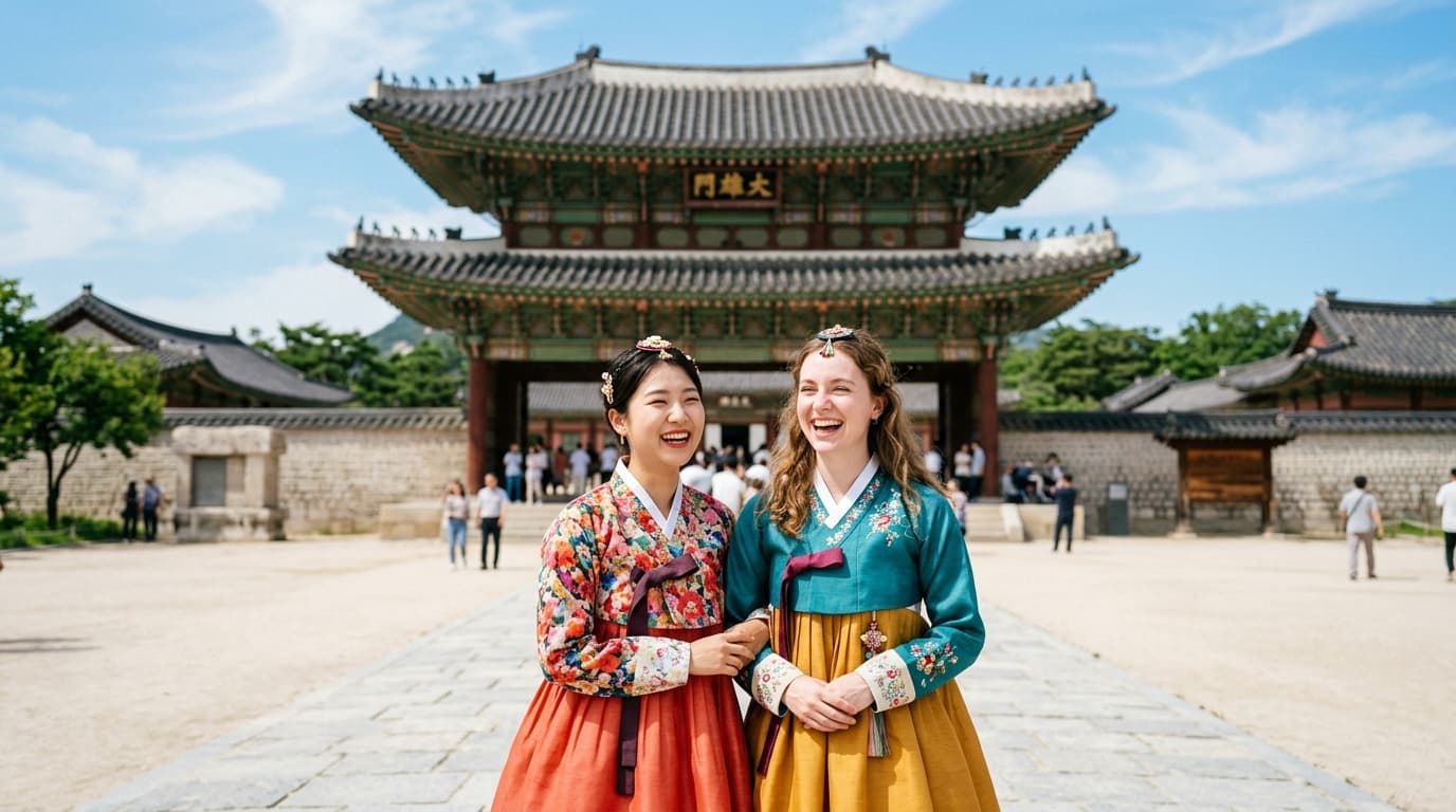 경복궁 정문 앞에서 여름 한복을 입은 외국인과 한국인이 함께 사진을 찍는 모습