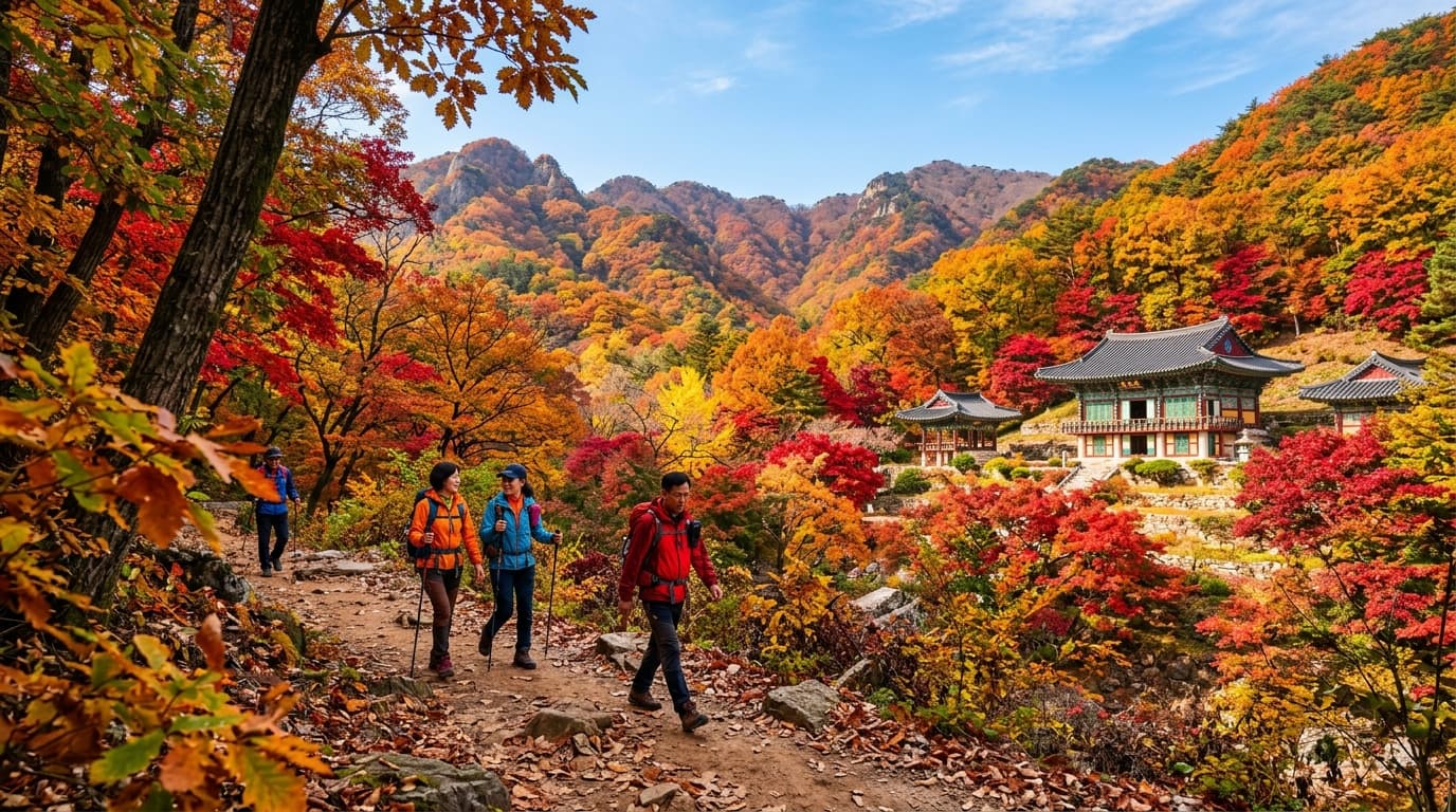 치악산 단풍 절정 시기, 구룡사 근처 산책길을 걷는 등산객들과 화려한 가을 단풍