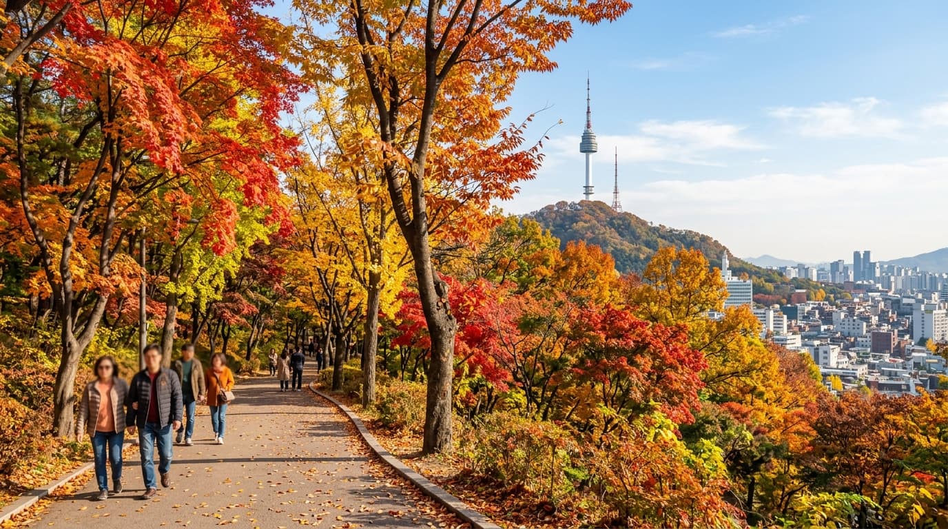서울 남산 단풍길, 붉은 단풍나무와 도심 풍경