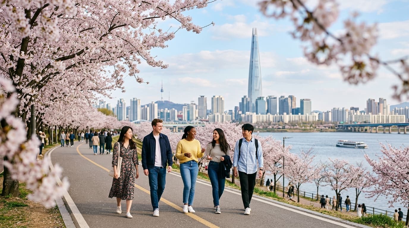 서울 한강 벚꽃길을 걷는 외국인 친구들 모습