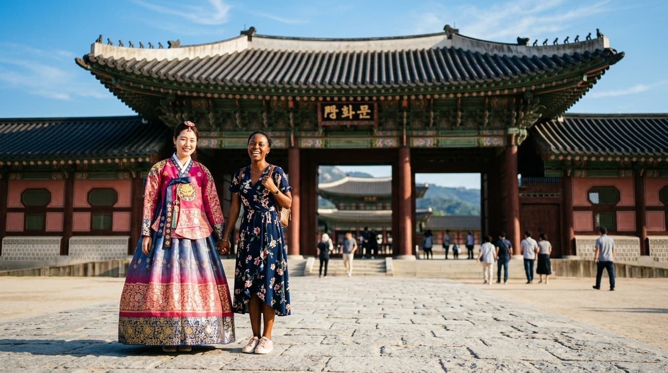 경복궁 앞에 한복 입은 외국인 친구들이 환하게 웃으며 포즈를 취하는 모습