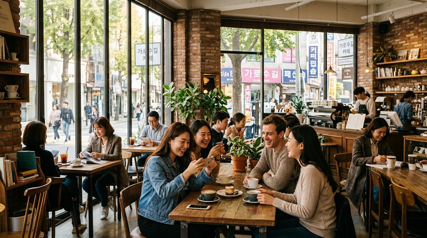 가로수길 감성 카페에서 다양한 국적의 사람들이 음료를 즐기며 사진을 찍는 모습