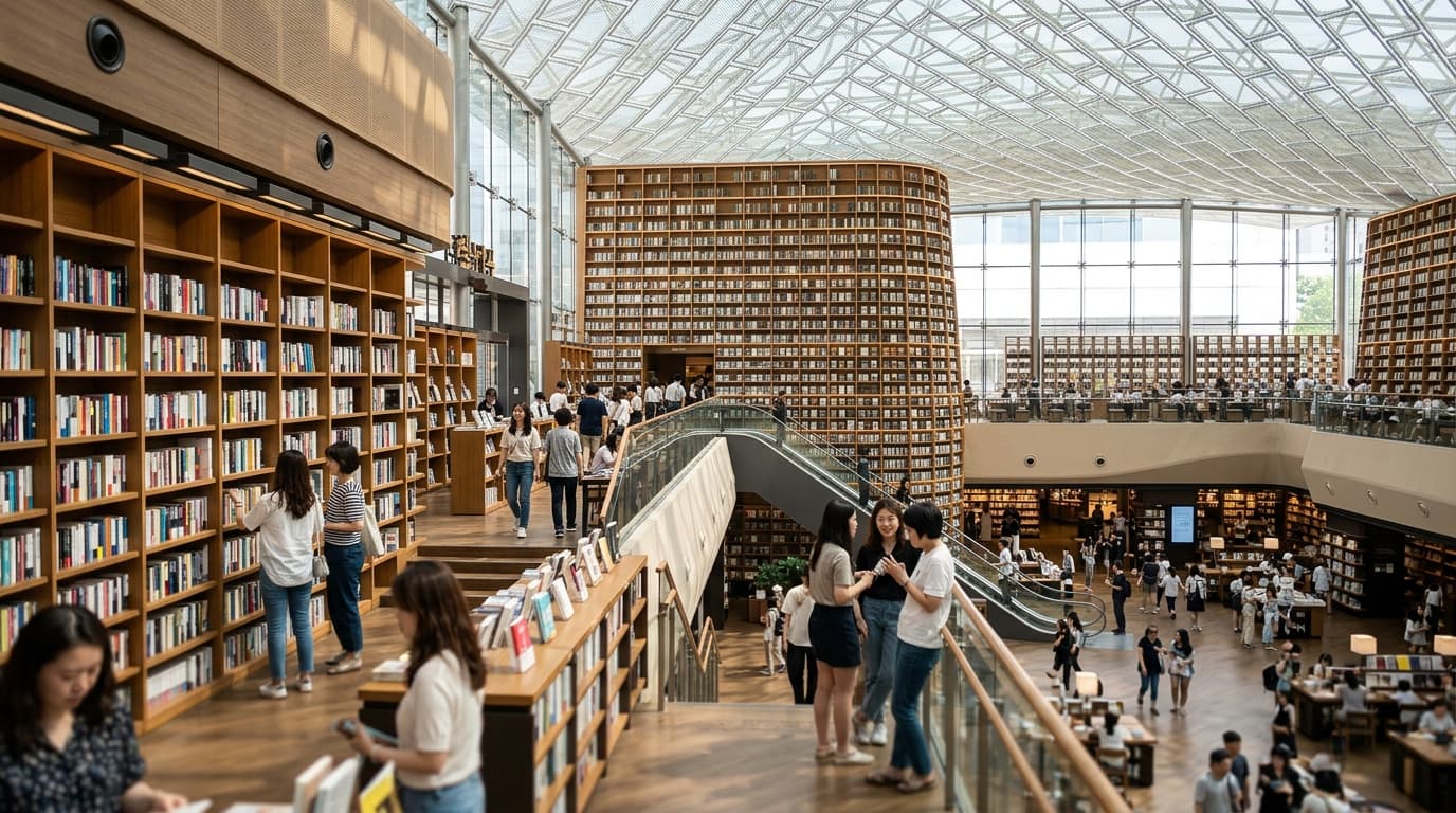 코엑스 별마당도서관의 높이 쌓인 책장과 책을 찾는 방문객들 모습