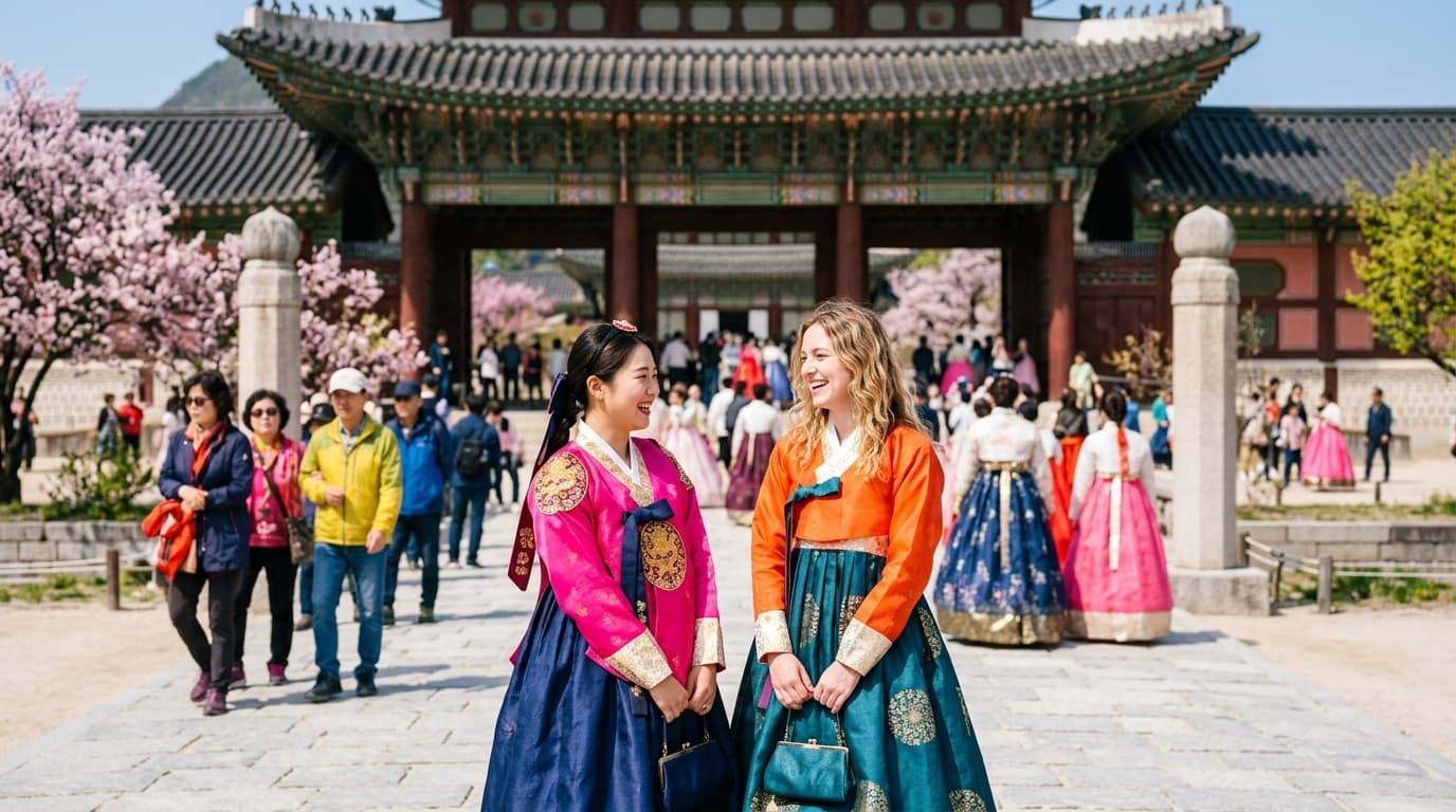 경복궁 정문 앞에서 한복을 입고 포즈를 취하는 한국인과 외국인 친구