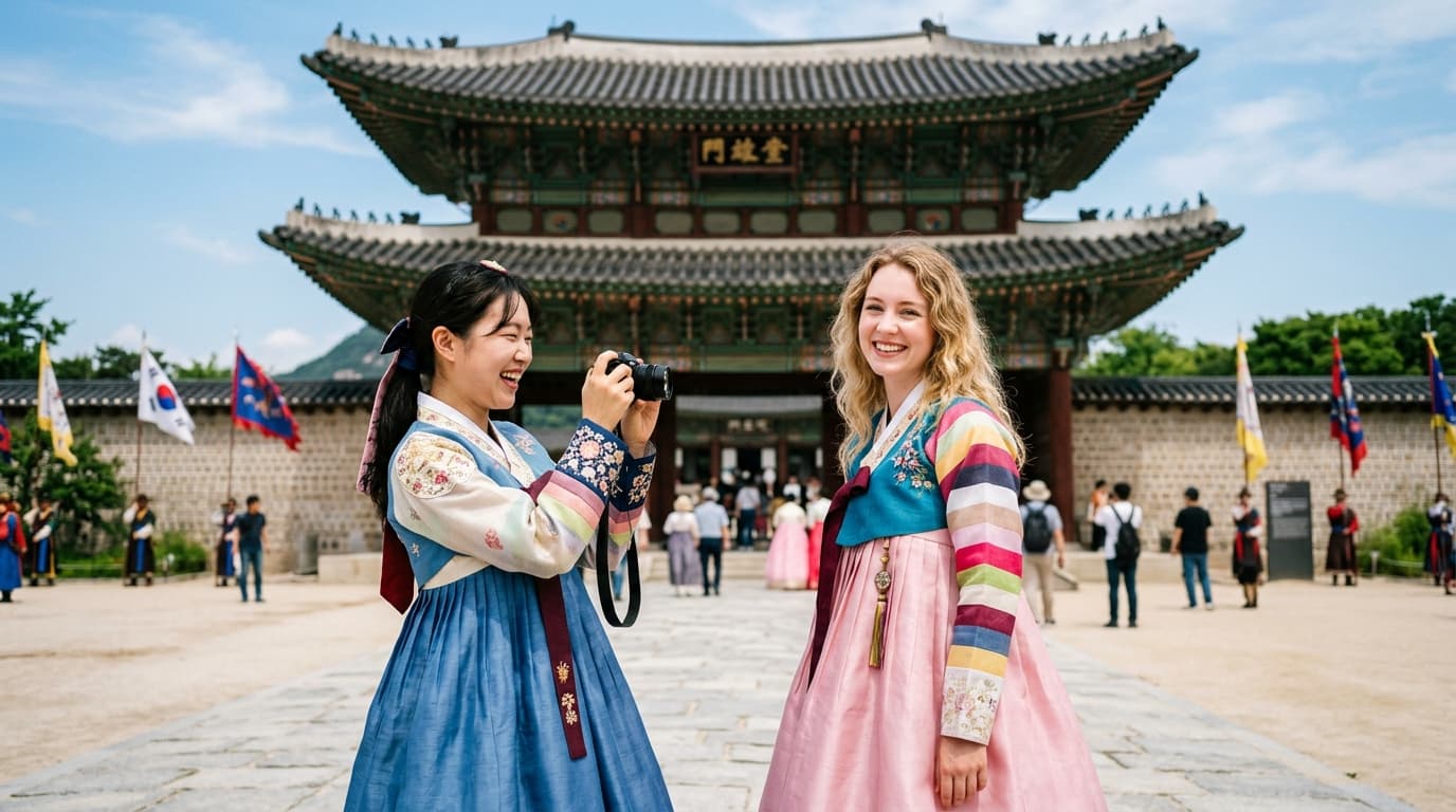경복궁 정문 앞에서 한복을 입은 한국인과 외국인 친구가 함께 사진을 찍는 모습