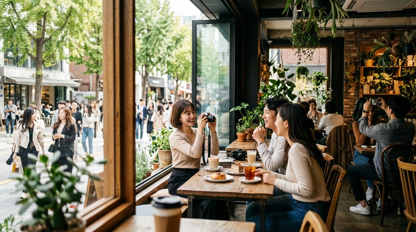 가로수길의 햇살 가득한 예쁜 카페에서 사람들이 사진을 찍고 대화하는 모습