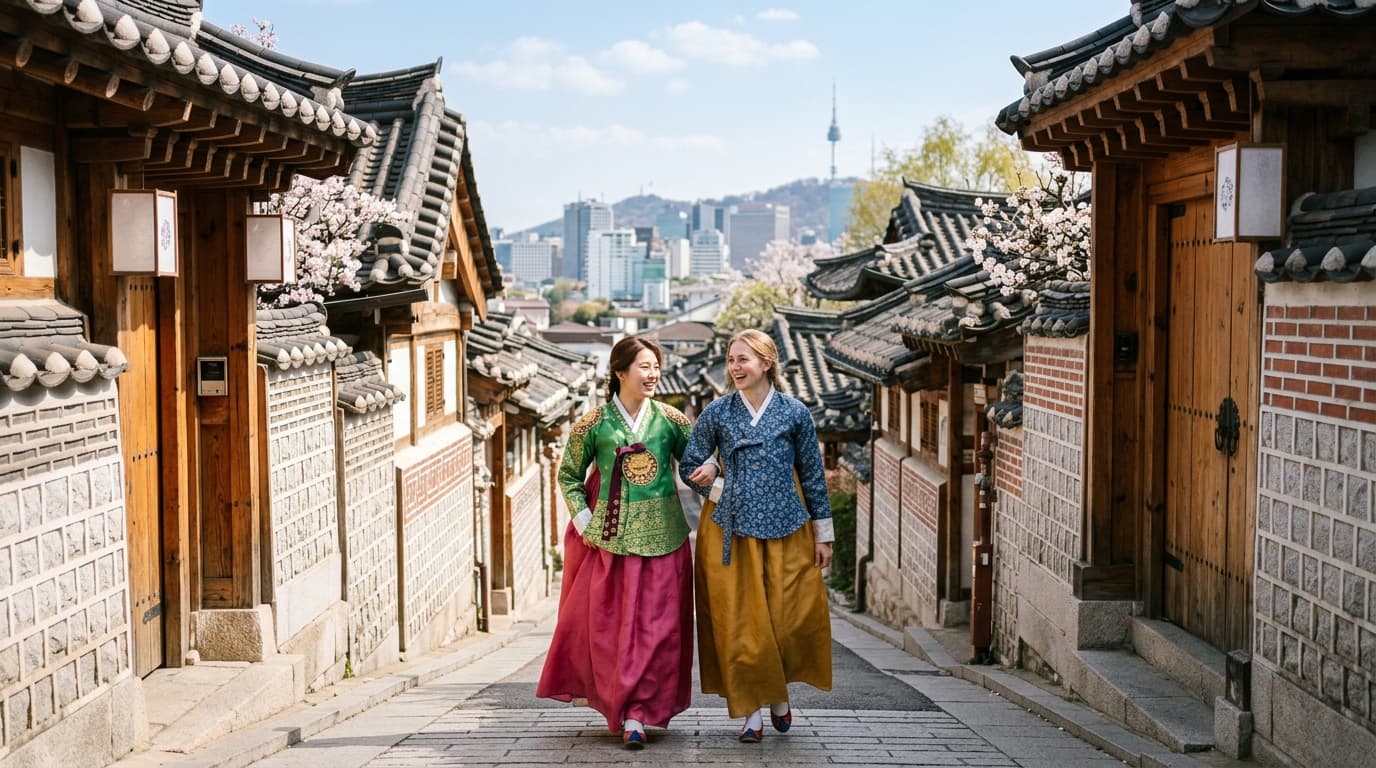 북촌한옥마을 골목에서 한복 입은 외국인과 한국인 친구가 함께 걷는 모습