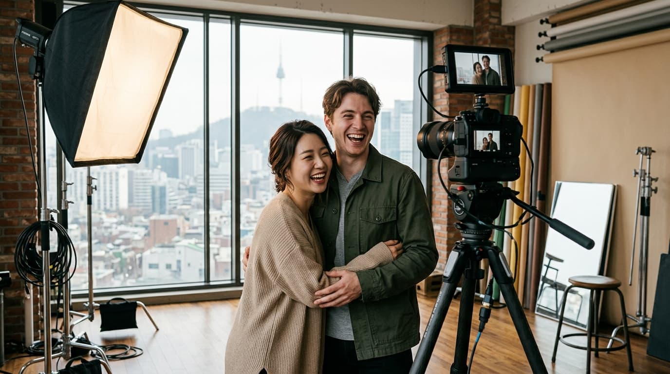 서울 사진관에서 촬영 중인 한일/한영 커플의 자연스러운 모습
