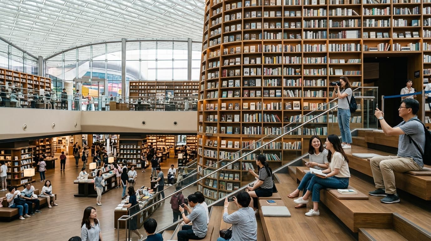 서울 코엑스몰 별마당도서관 중앙에서 책장과 다양한 방문객이 어우러진 풍경