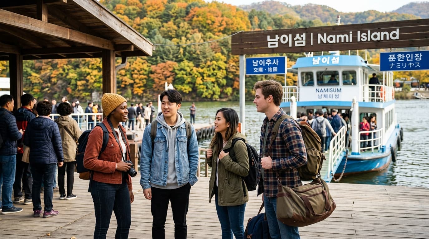 남이섬 선착장에서 다양한 국적의 여행객들이 페리를 기다리는 모습