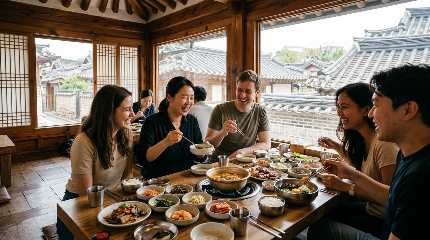 북촌 한옥마을 한옥 레스토랑에서 외국인 친구들이 전통 한식을 즐기는 모습