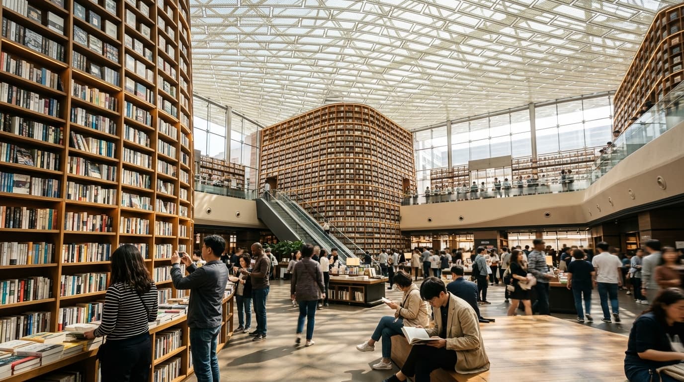서울 코엑스몰 별마당도서관 내부, 높은 책장과 방문객들이 사진을 찍고 있는 모습