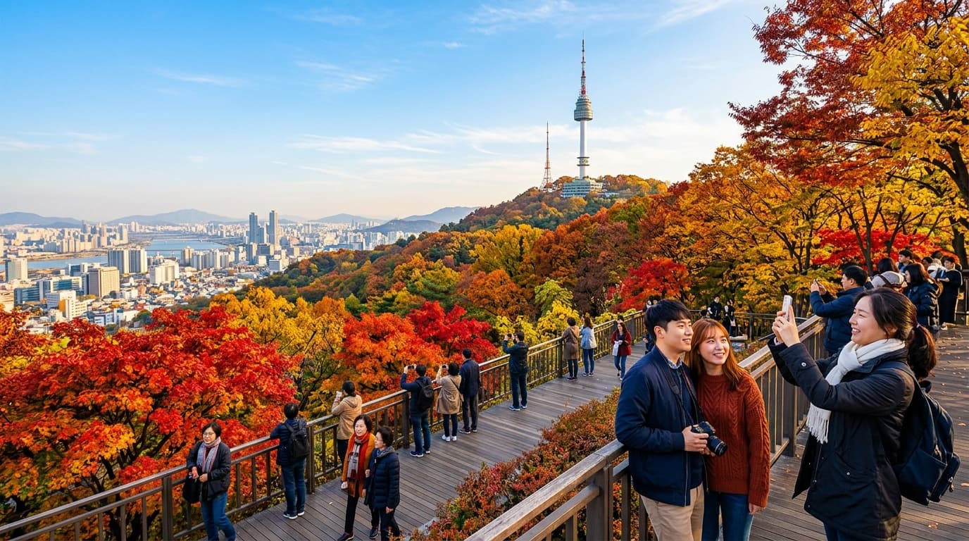 서울 남산타워에서 단풍이 절정인 가을 풍경, 방문객들이 사진을 찍고 있는 모습