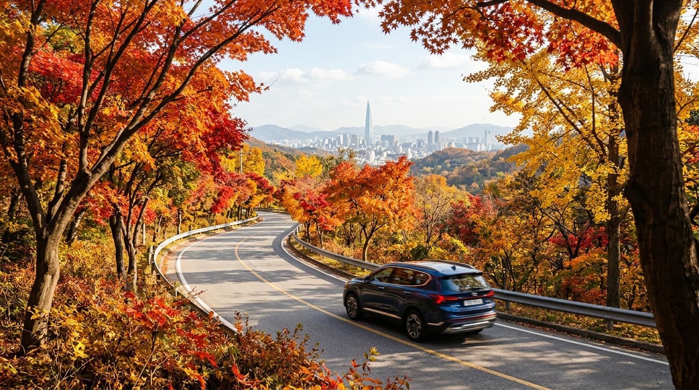 서울 근교 단풍길을 따라 달리는 자동차와 가을 풍경