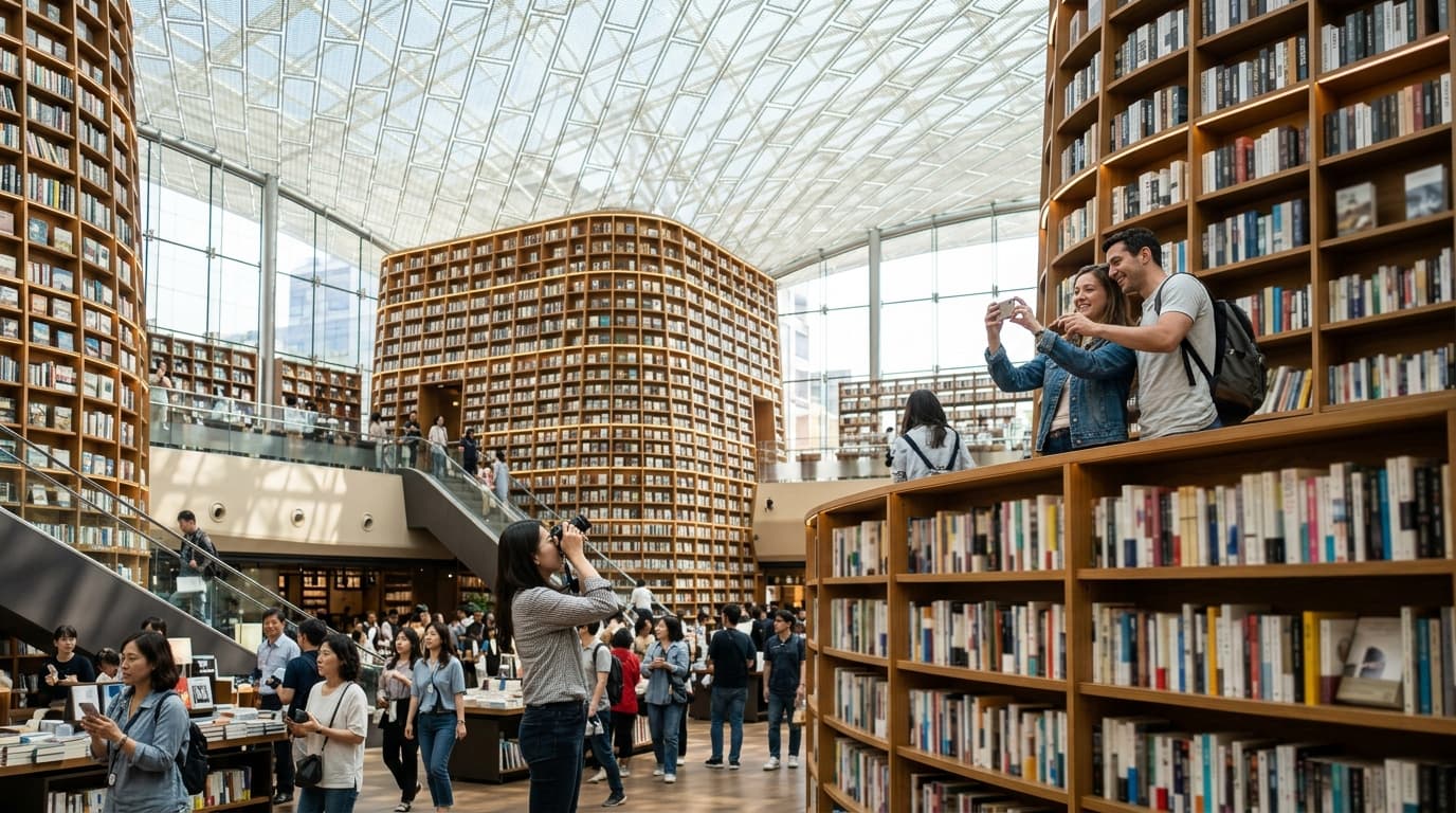 서울 코엑스몰 별 마당 도서관의 높은 책장과 방문객들이 사진을 찍는 모습
