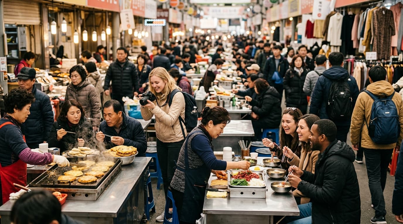 서울 광장시장 점심시간, 한국인과 외국인 관광객이 인기 맛집 앞에서 음식을 즐기는 모습