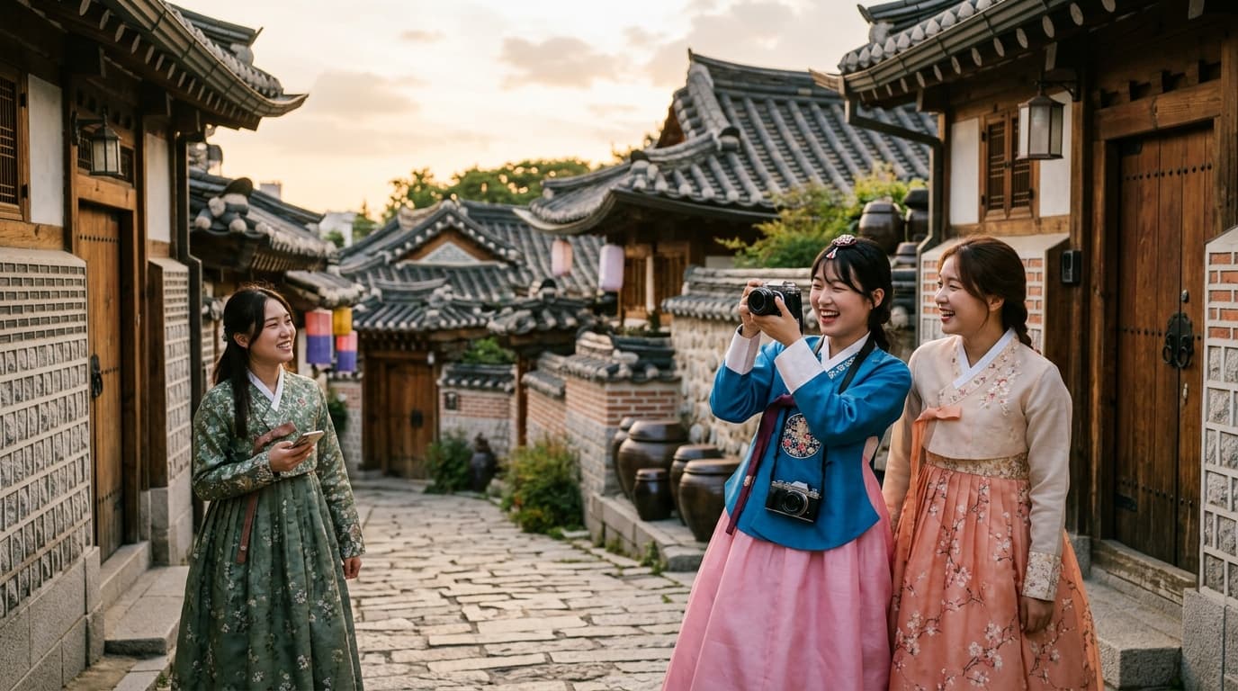북촌 한옥마을에서 한복을 입은 젊은이들이 사진을 찍는 모습