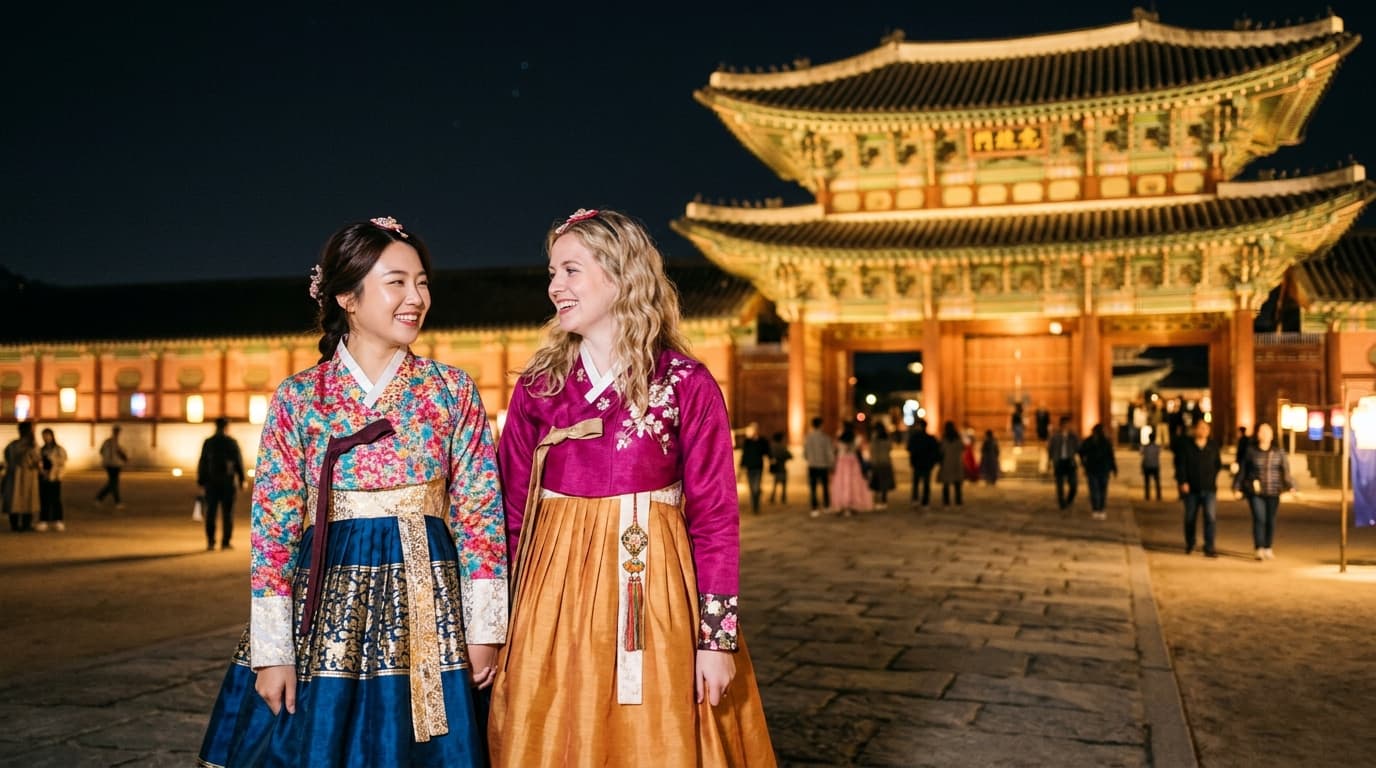 경복궁 야간개장 조명 아래 한복을 입은 외국인 친구들이 포즈를 취하는 모습