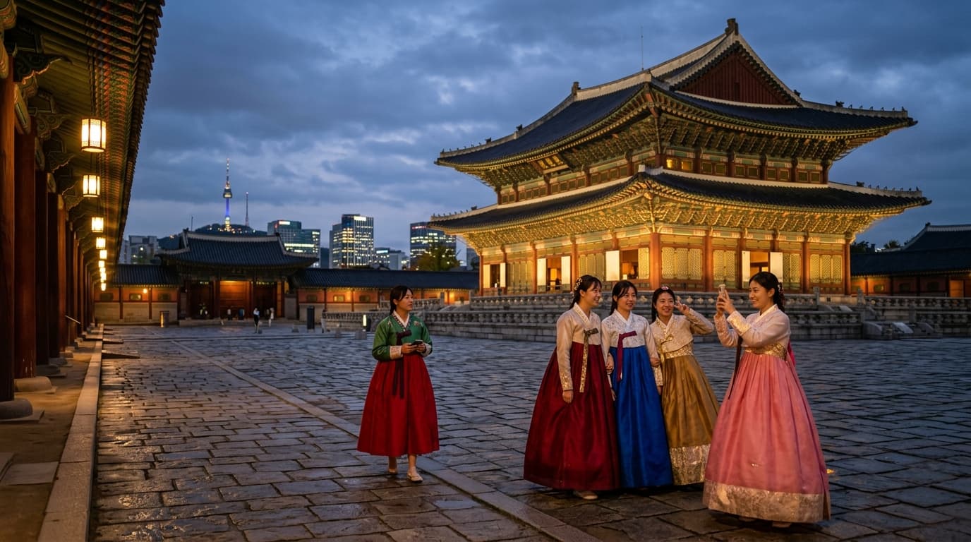 경복궁 야간 개장 때 한복 입은 사람들이 사진을 찍는 서울 야경