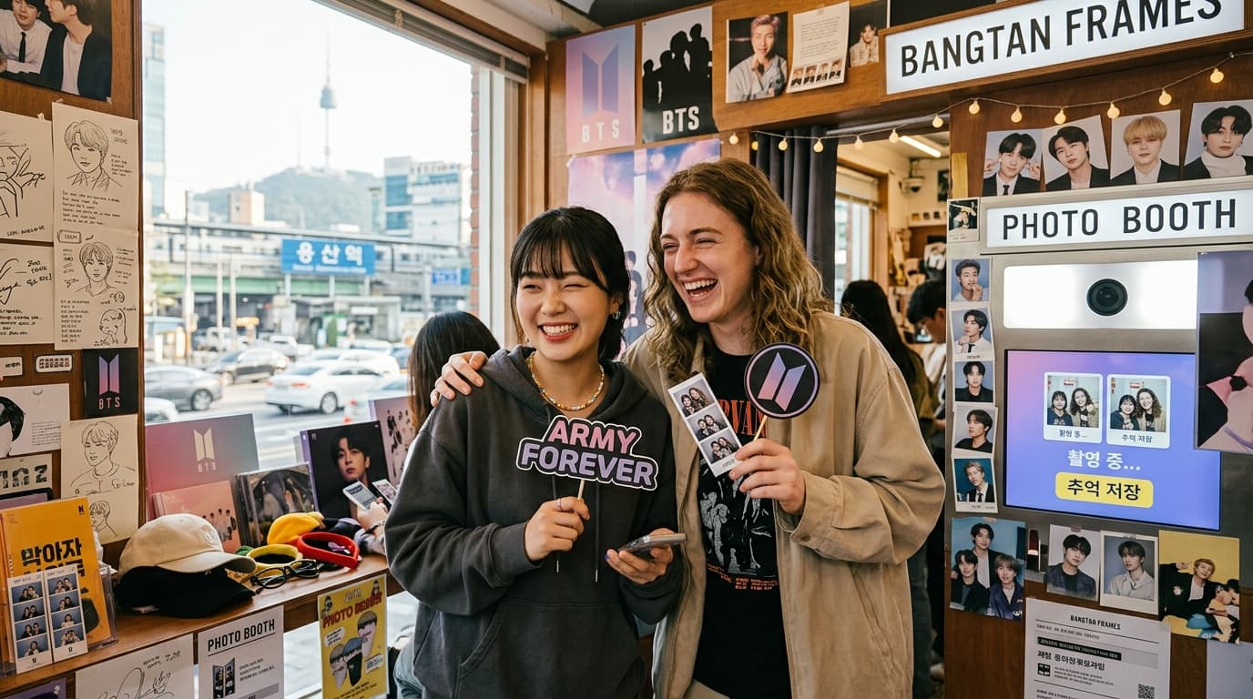 용산 셀프 사진관에서 한국인과 외국인 친구가 함께 셀프 사진을 찍는 장면