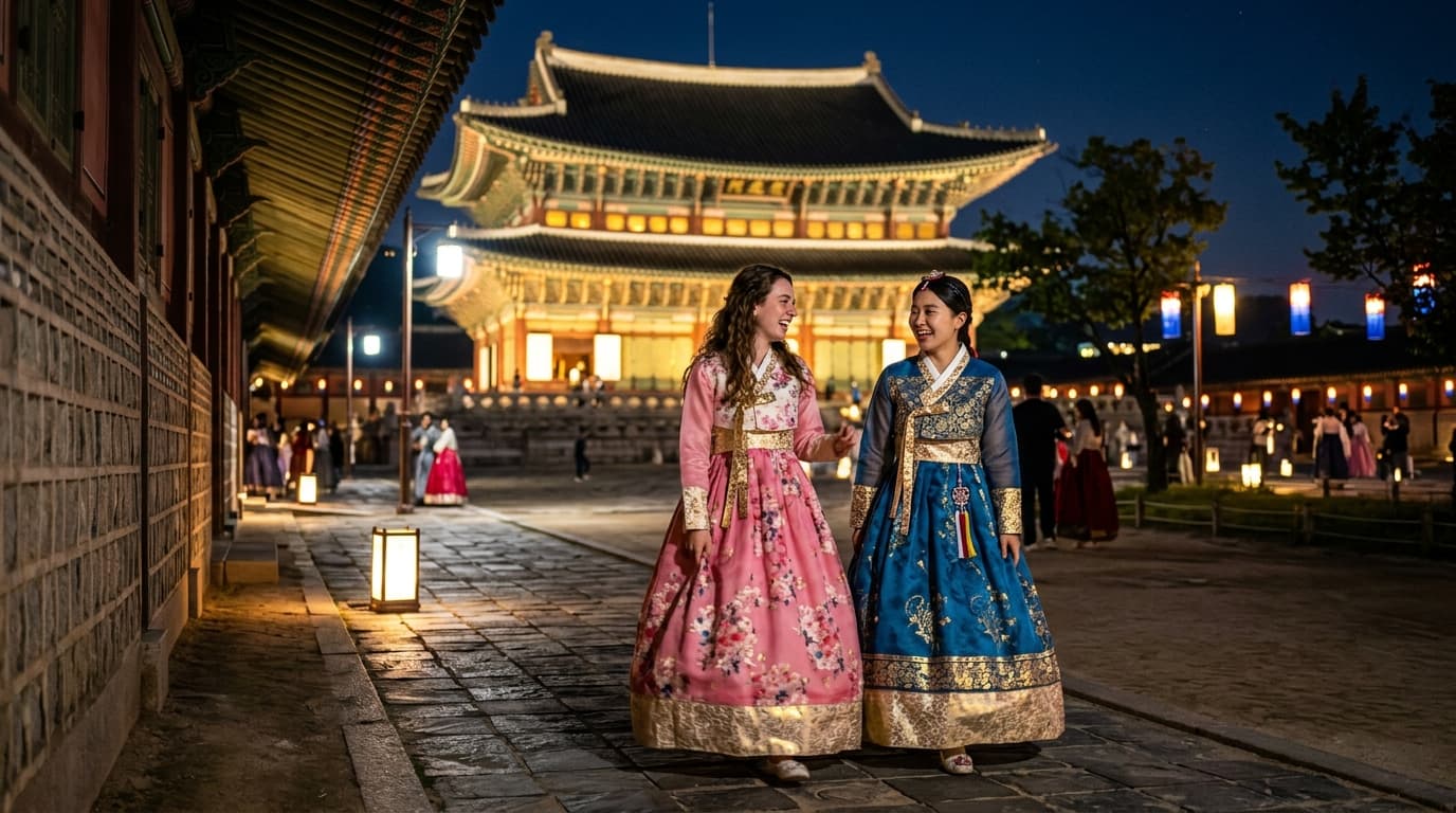 경복궁 야간에 한복을 입은 외국인과 한국인 친구가 함께 걷는 모습