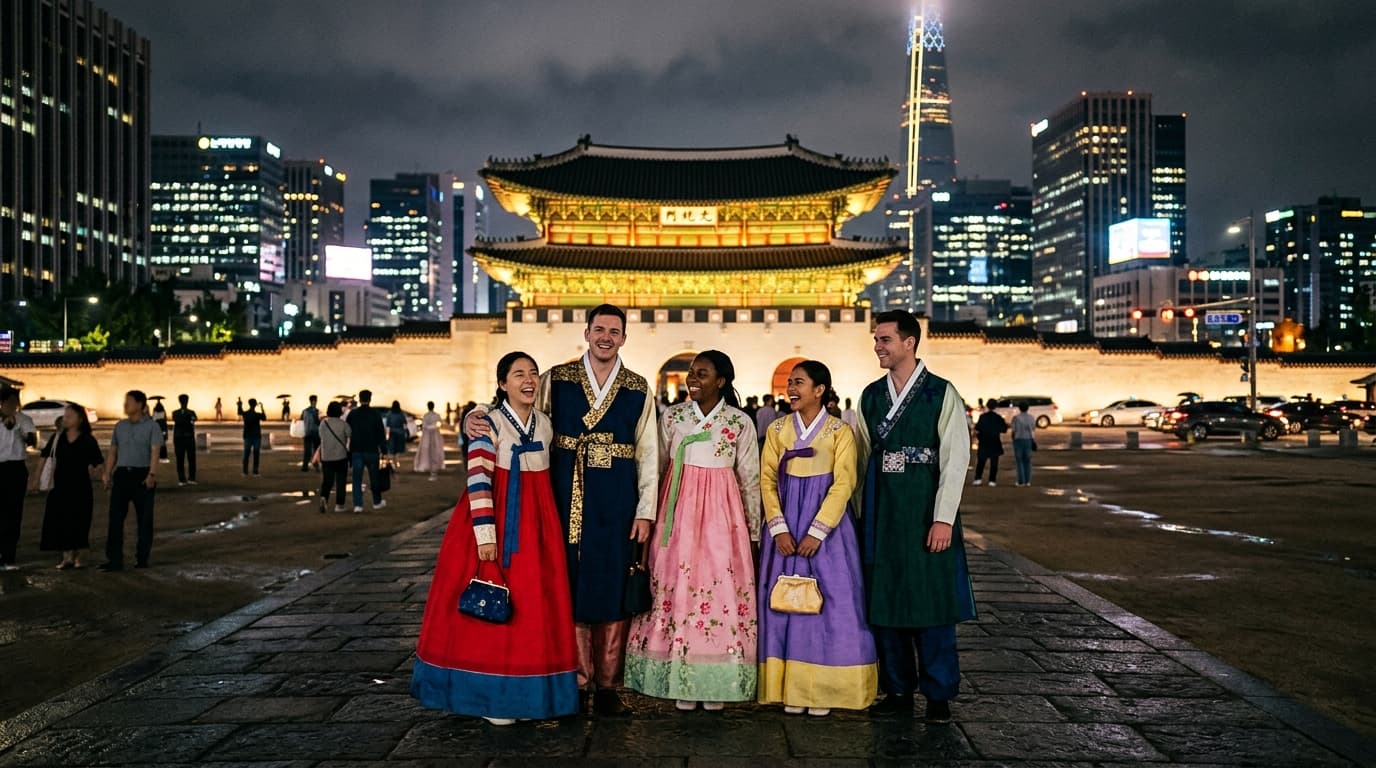한복 입은 외국인 관광객들이 야간 조명 아래 경복궁 정문 앞에 서 있는 모습
