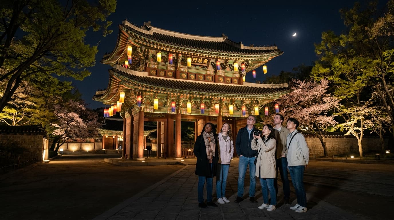 야간 조명 아래 창덕궁을 감상하는 외국인 방문객들 모습