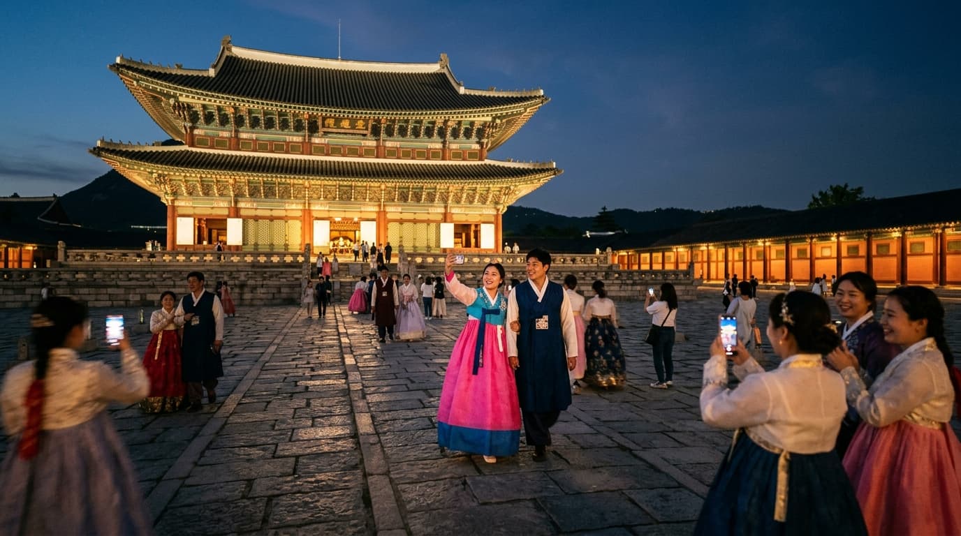 야간 조명 아래 경복궁을 산책하며 사진을 찍는 사람들