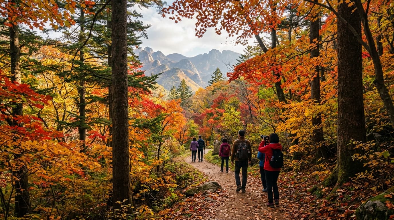 오대산 국립공원 전나무숲길, 절정의 단풍과 산책하는 외국인 관광객들