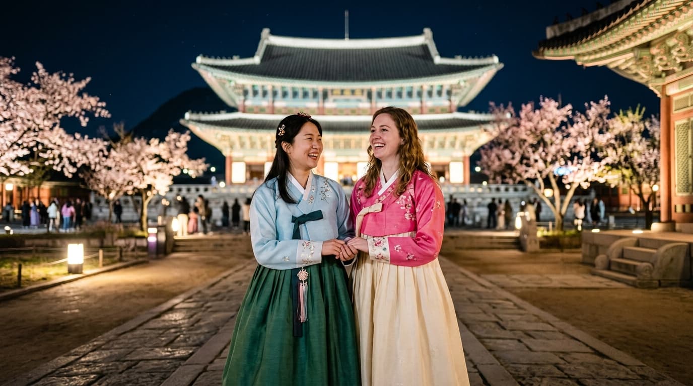 야간 조명 아래 경복궁 앞에서 한복 입은 외국인 친구 둘이 사진을 찍는 모습
