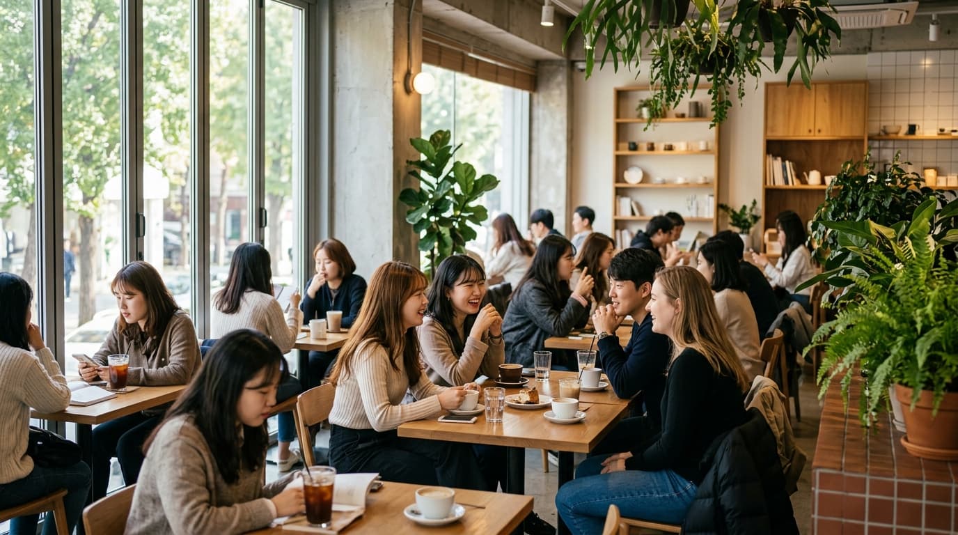 서울 가로수 길 분위기 좋은 카페에서 손님들이 대화하며 음료를 즐기는 모습