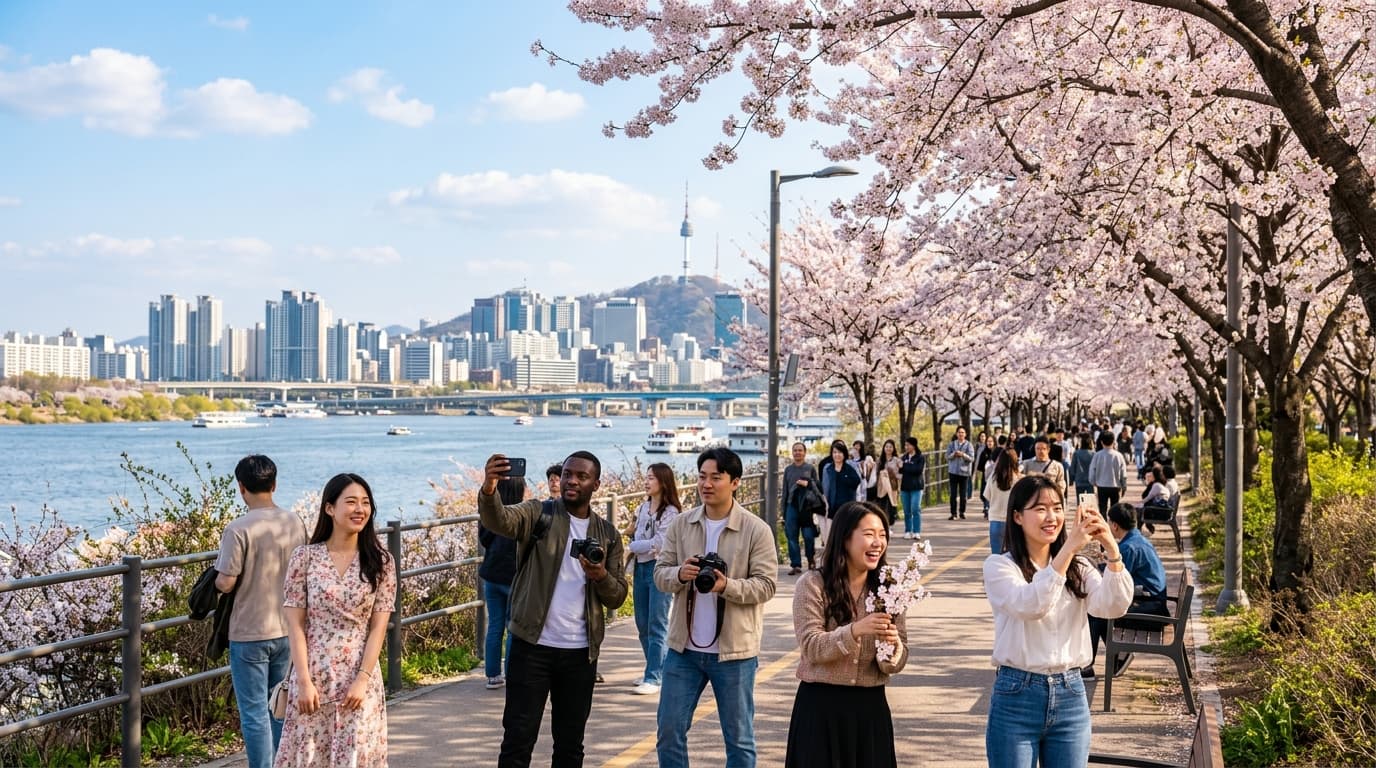 서울 한강변에 활짝 핀 벚꽃과 사진을 찍는 다양한 국적의 사람들