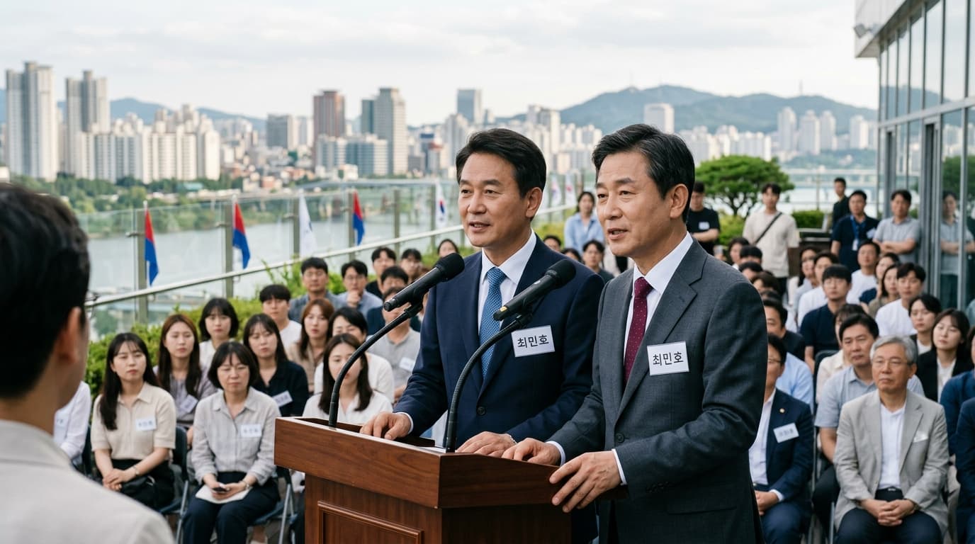 한국 선거 토론 현장에서 같은 이름을 가진 두 후보가 단상에 서 있는 모습