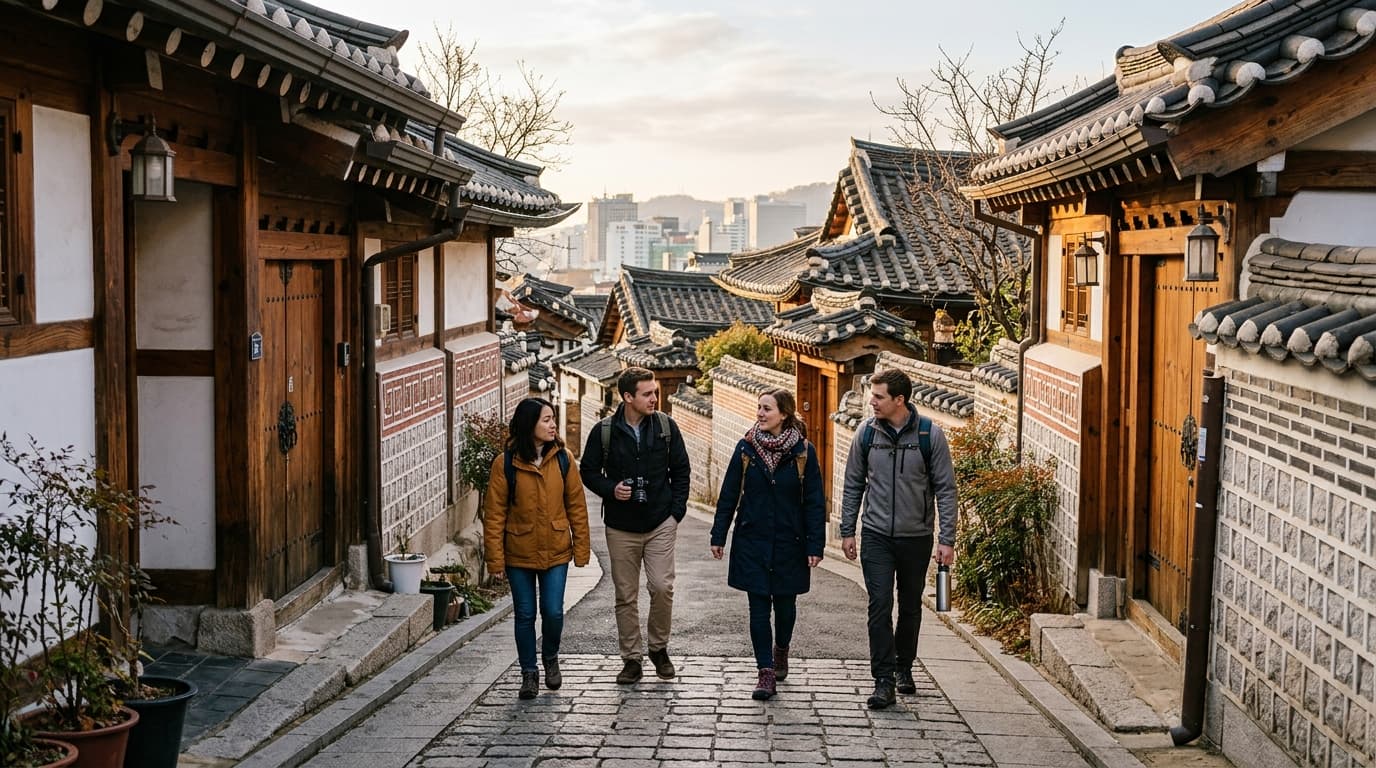 서울 북촌한옥마을 골목에서 산책하는 외국인 관광객들