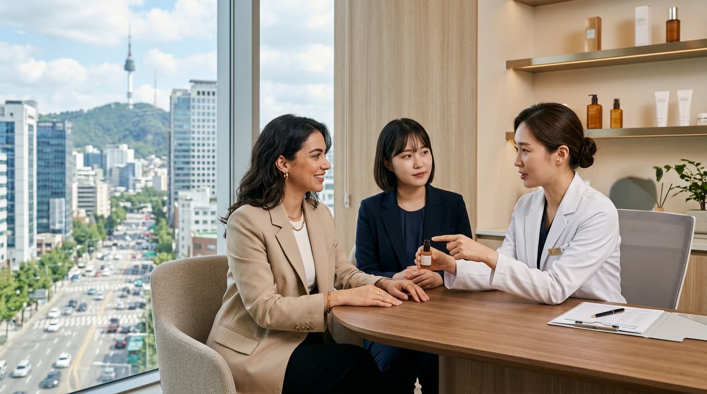 서울 피부과에서 외국인과 통역사가 함께 상담받는 장면