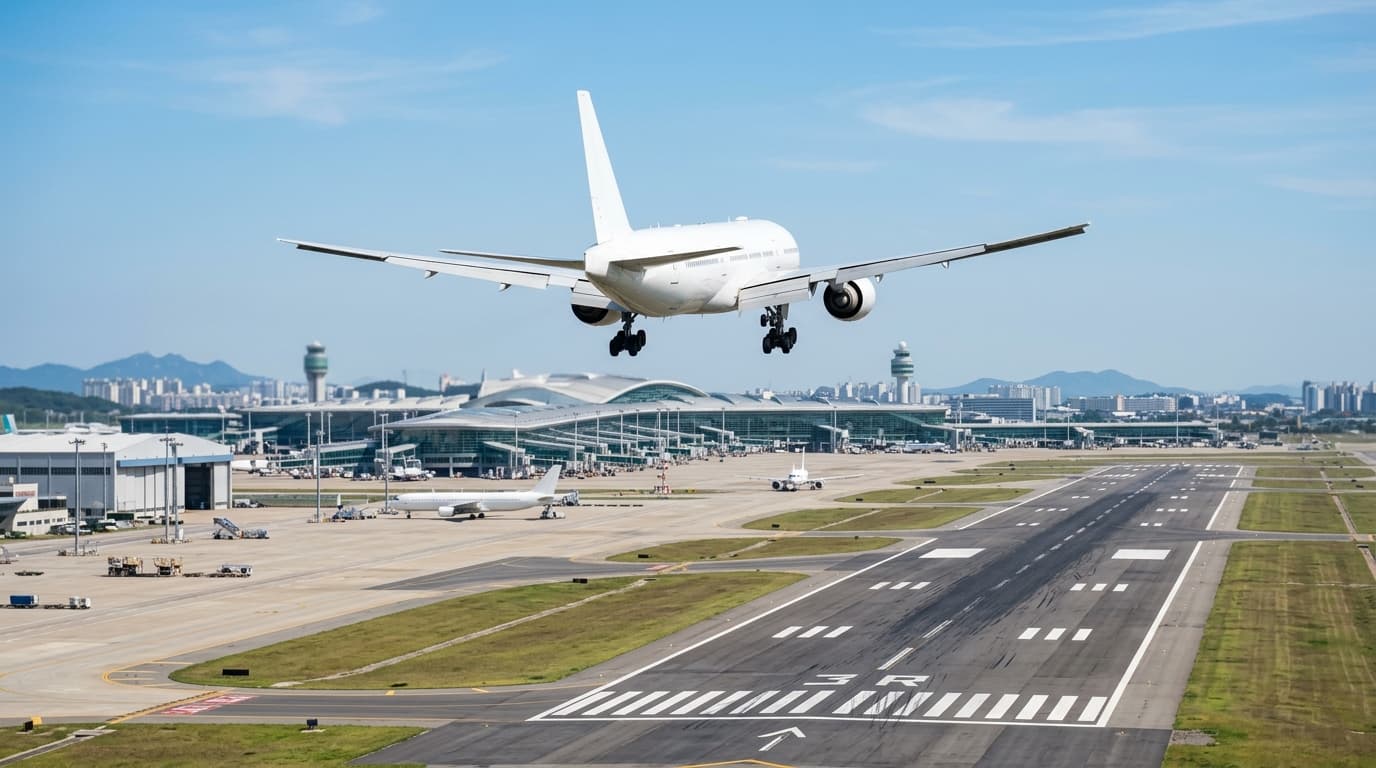 인천공항 활주로에 착륙 중인 대형 여객기 풍경
