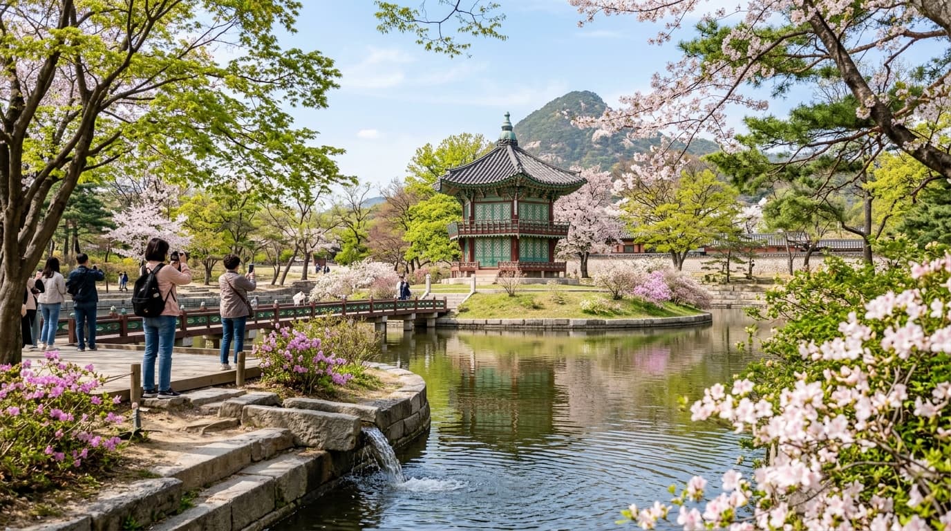 경복궁 향원정 연못에 물이 흐르며 관광객이 사진을 찍는 모습