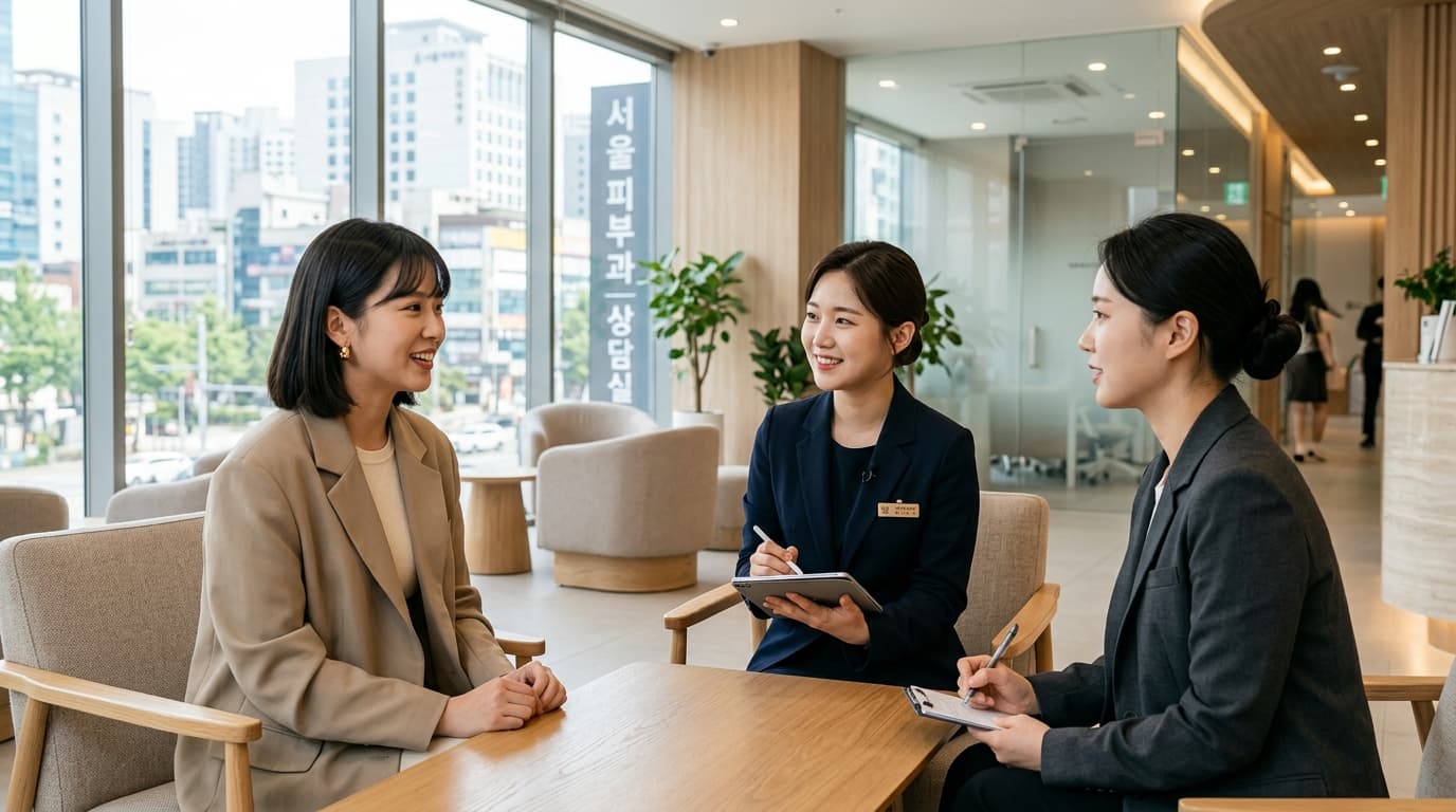 台灣女生在首爾現代整形診所與韓國諮詢師、中文翻譯交談