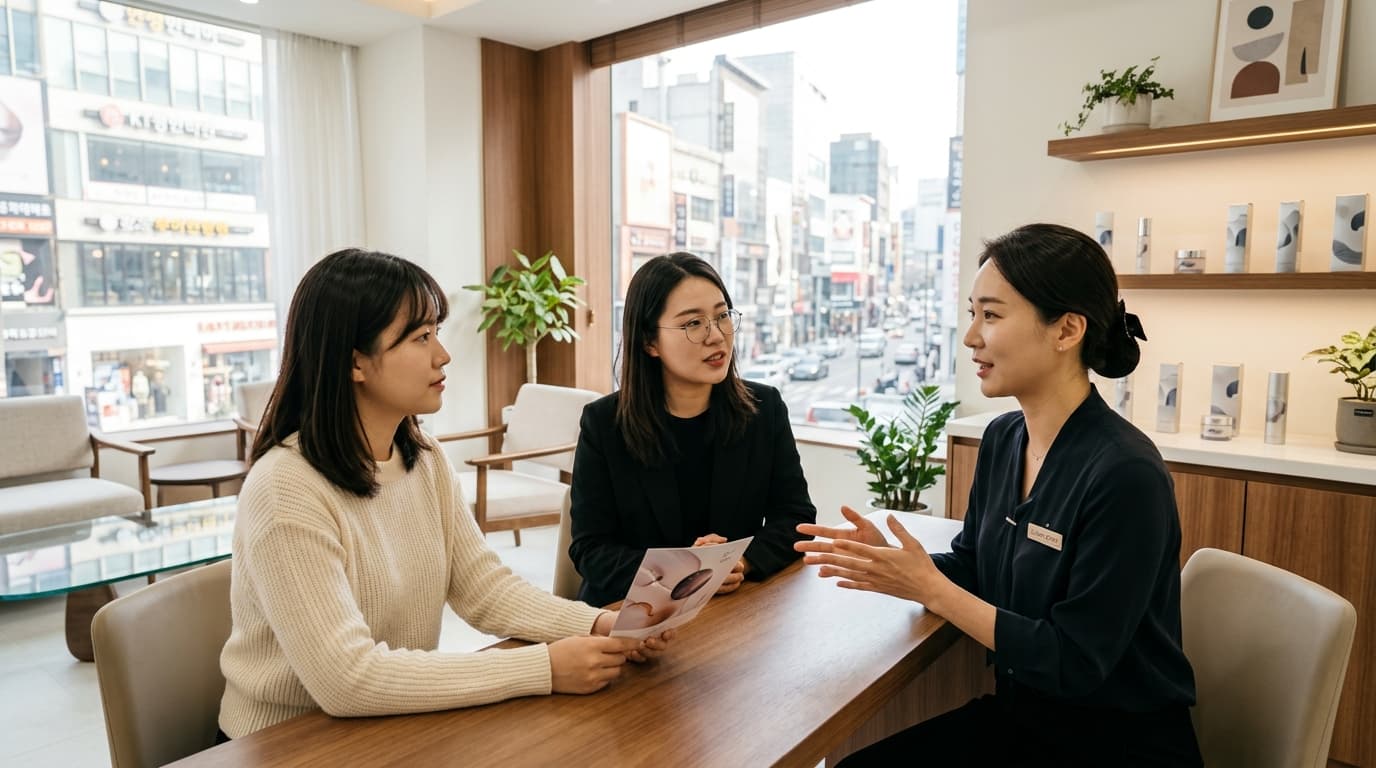 台灣女生與韓國醫美診所中文翻譯於明洞診所諮詢場景