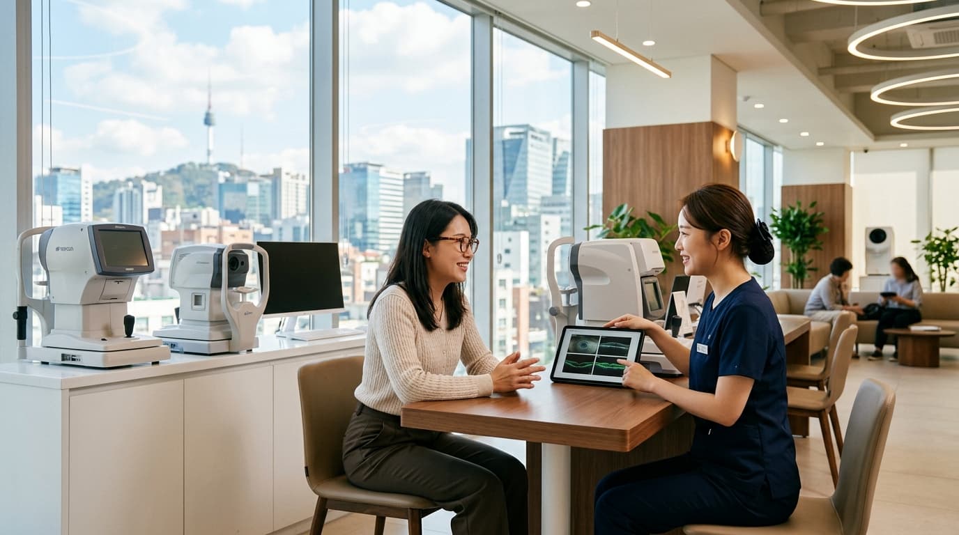 韓國現代眼科診所內部,台灣女生與韓國醫護人員諮詢