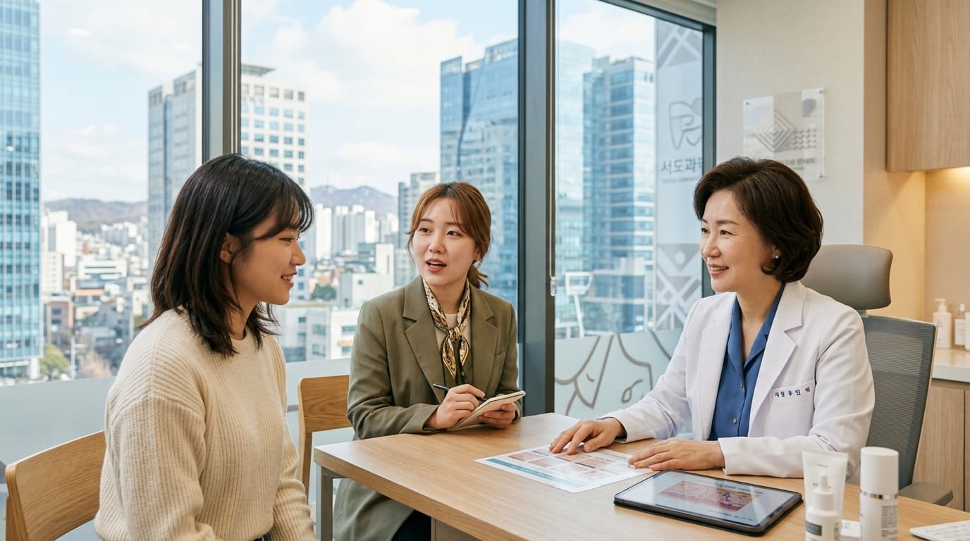 台灣女生在首爾皮膚科診所接受諮詢,旁有中文翻譯協助