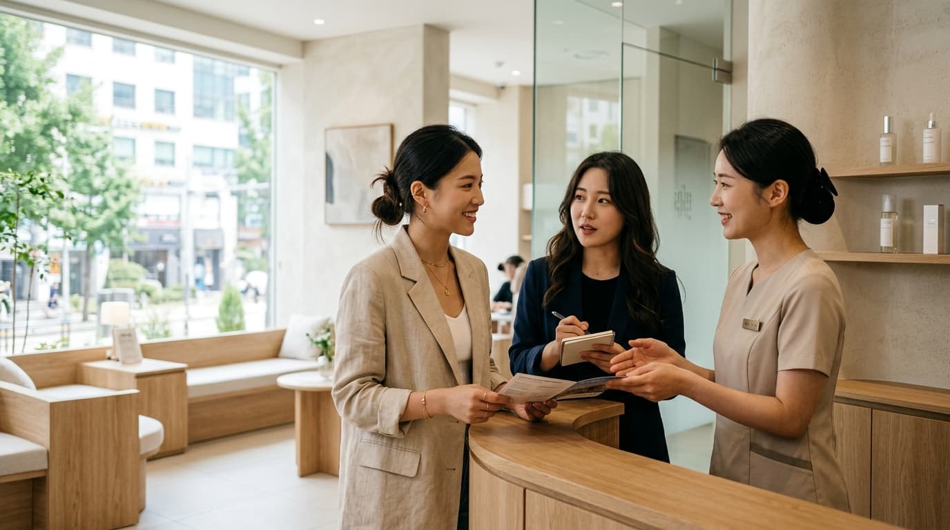 韓國江南醫美診所內台灣女生與韓國工作人員、翻譯專員互動的情景