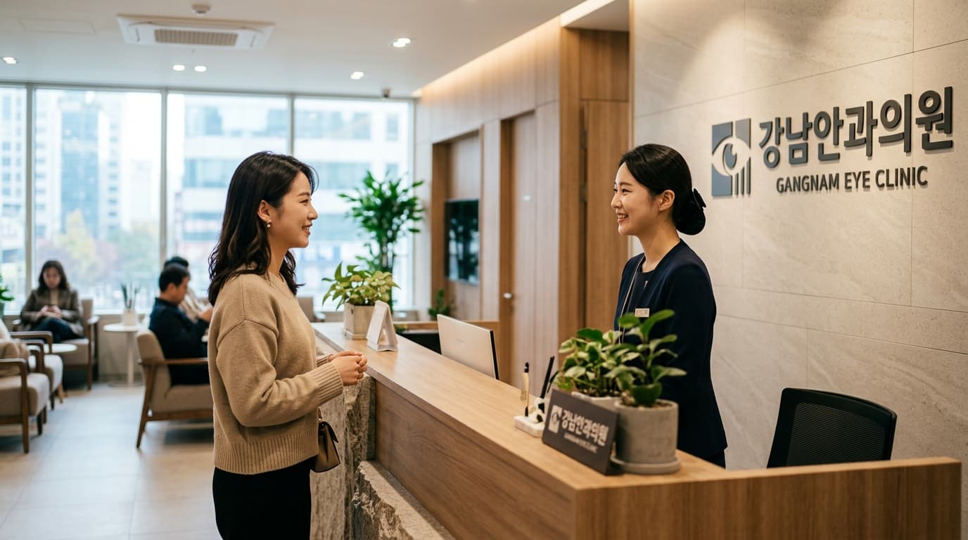 台灣女性在首爾江南現代眼科診所櫃台與韓國醫護人員交流