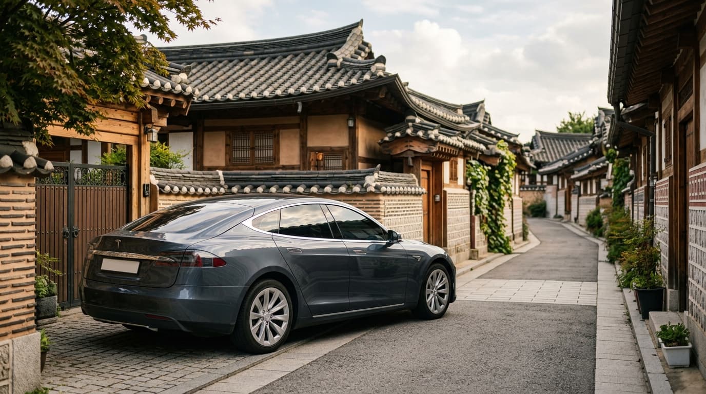 特斯拉汽車停在首爾民宅區街道的真實場景