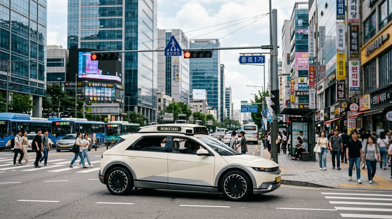 首爾街頭的自駕機器計程車停等紅燈,周圍是現代建築與行人