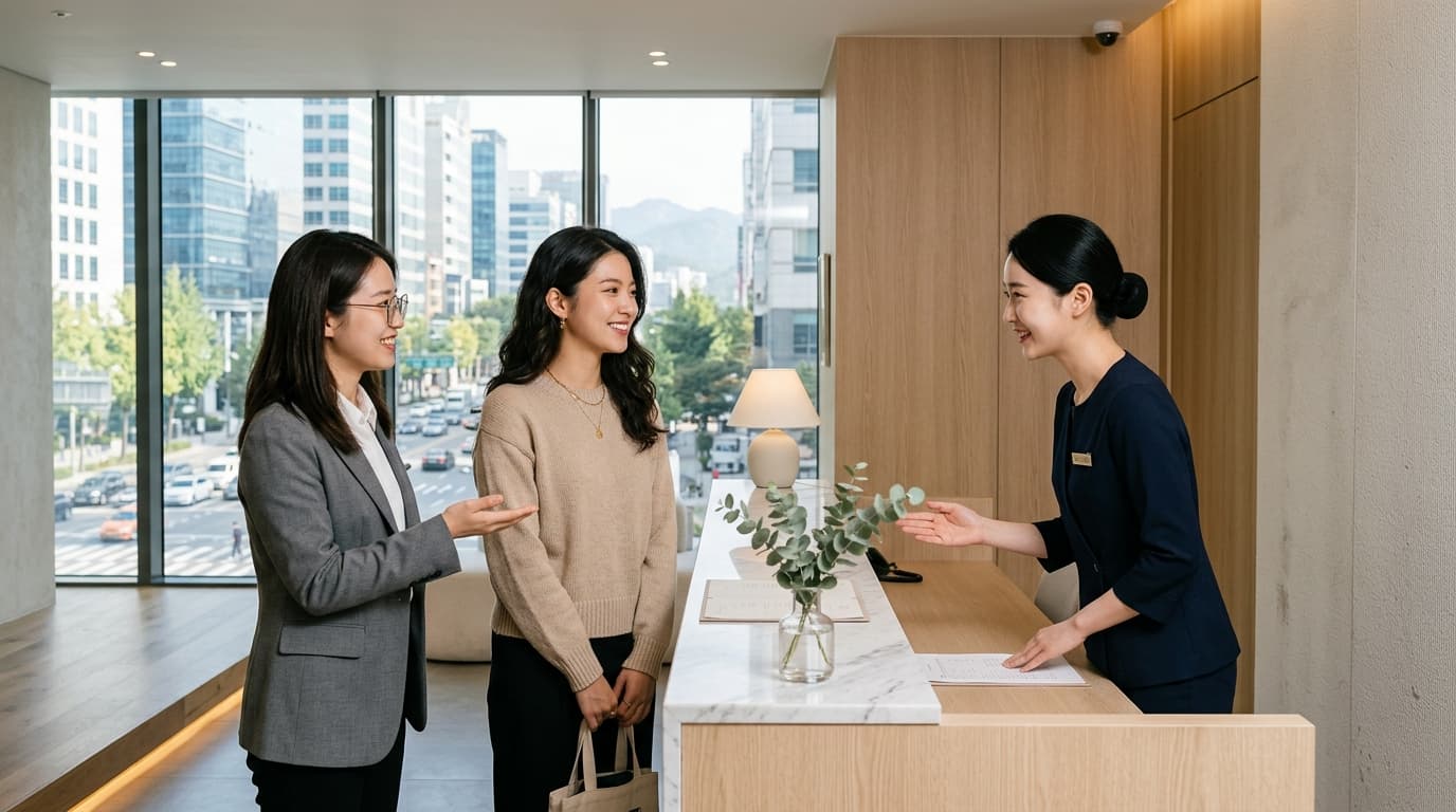 首爾江南醫美診所大廳,台灣女生與韓國工作人員及中文翻譯交流