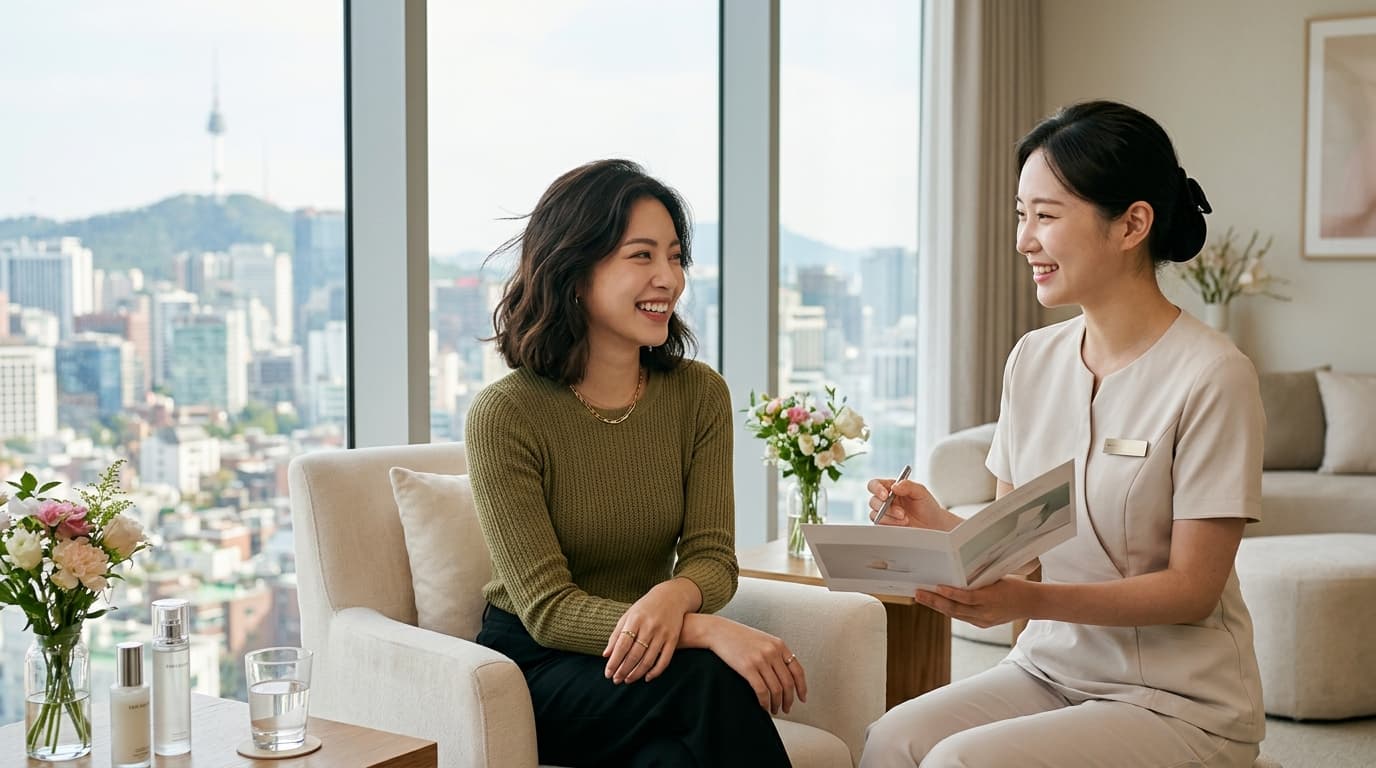 台灣女孩在首爾醫美診所諮詢,窗外可見市區景色