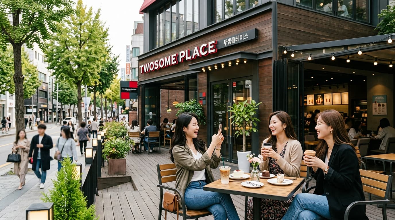 首爾新沙洞TWOSOME PLACE咖啡館外觀與年輕女性在門口拍照