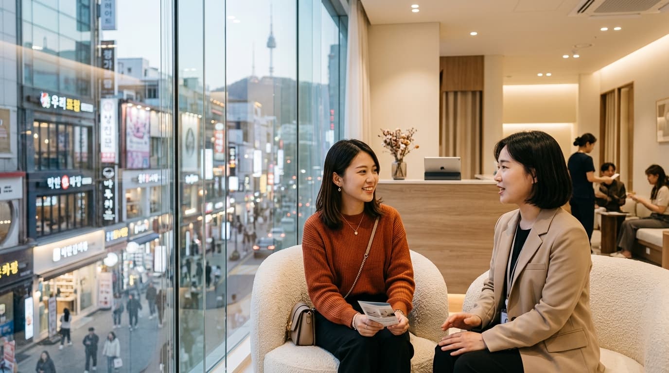 台灣女生在首爾醫美診所大廳與中文翻譯專員輕鬆交談